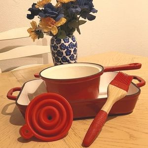 Red Cast Iron Pot & Dish Bundle with Basting Brush